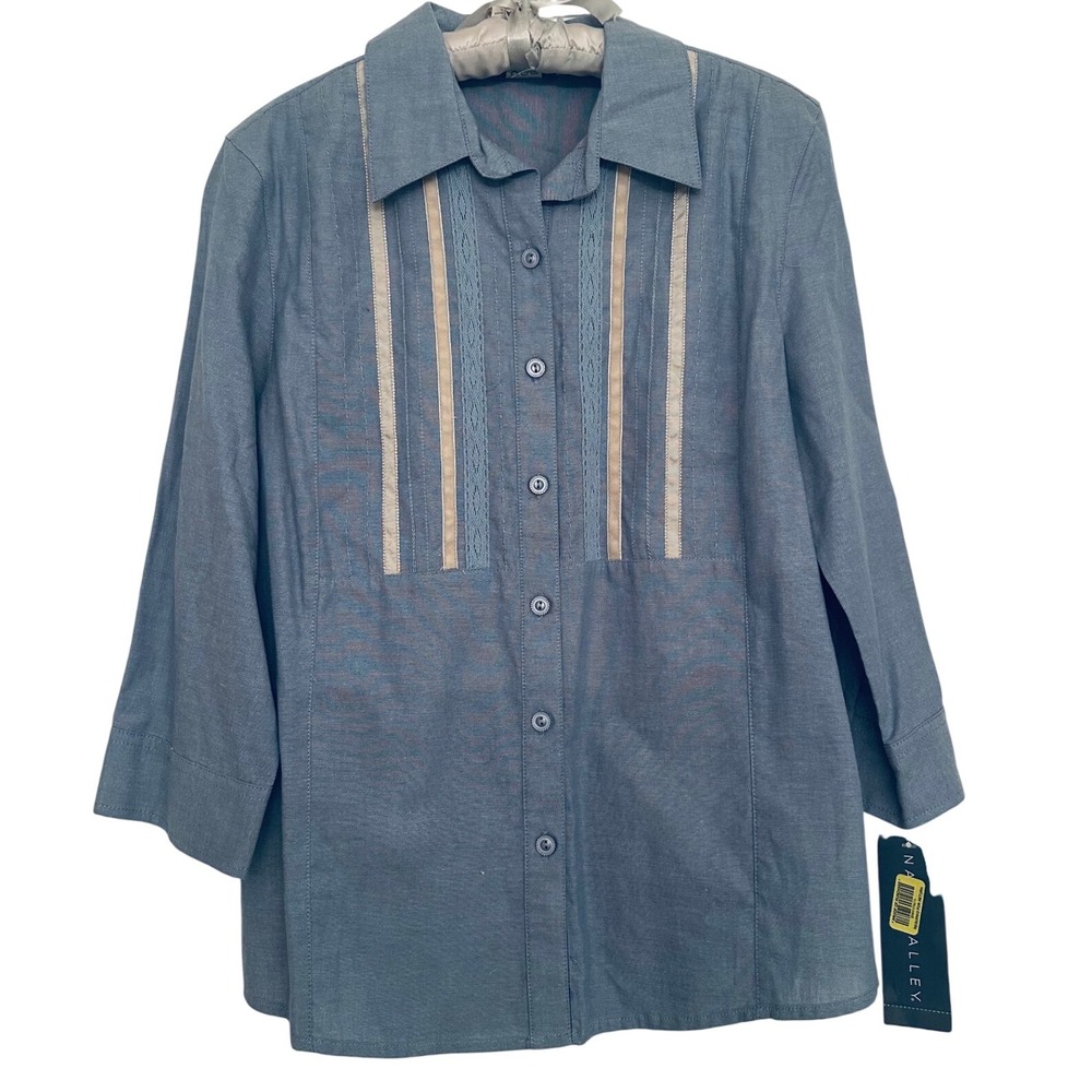 Napa Valley Womens Blue Cotton Lace Velvet Trim Button Shirt Sz M Cottage New‎